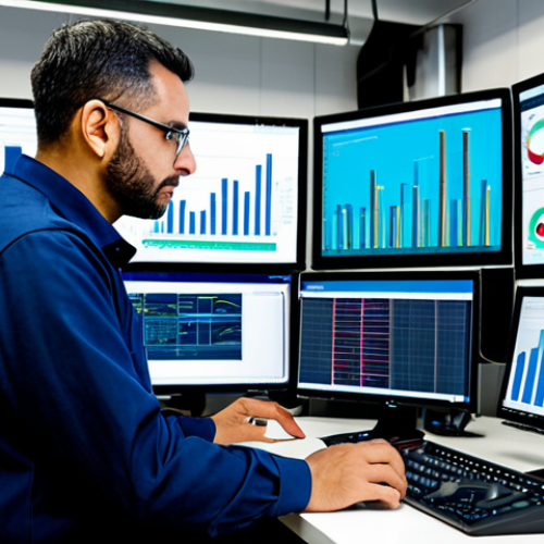 Home 11 A skilled industrial engineer, an adult professional, is shown in a modern industrial control room in a Spanish factory setting. The engineer is fully clothed in a modest business uniform, focused intently on multiple large screens displaying complex data visualizations, charts, and predictive analytics related to machinery performance. In the background, robust industrial machinery and production lines are visible, representing the factory floor. The scene emphasizes data-driven decision-making and advanced technology in a safe for work, appropriate content environment. The engineer's posture is natural, with perfect anatomy and correct proportions, well-formed hands, and proper finger count. This professional photography aims for high quality and a clean, efficient aesthetic.