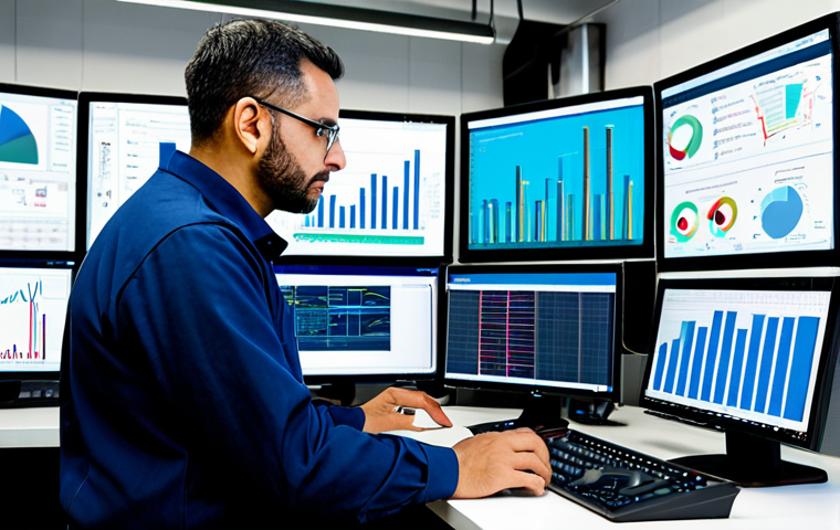 A skilled industrial engineer, an adult professional, is shown in a modern industrial control room in a Spanish factory setting. The engineer is fully clothed in a modest business uniform, focused intently on multiple large screens displaying complex data visualizations, charts, and predictive analytics related to machinery performance. In the background, robust industrial machinery and production lines are visible, representing the factory floor. The scene emphasizes data-driven decision-making and advanced technology in a safe for work, appropriate content environment. The engineer's posture is natural, with perfect anatomy and correct proportions, well-formed hands, and proper finger count. This professional photography aims for high quality and a clean, efficient aesthetic.