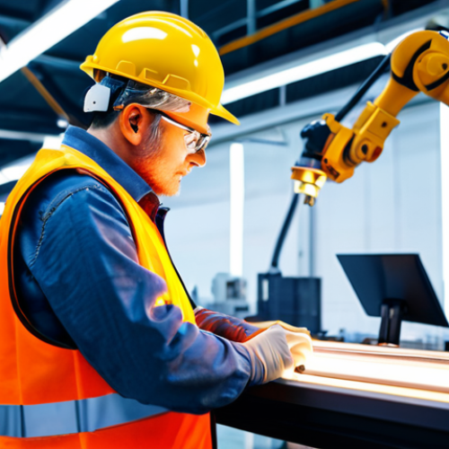 Home 6 Industrial Engineer in a Modern Factory**
A fully clothed industrial engineer (male or female) wearing appropriate safety attire (hard hat, safety vest) examining a robotic arm in a brightly lit, modern factory setting. The background includes advanced machinery and a clean, organized workspace. Perfect anatomy, correct proportions, natural pose. Safe for work, appropriate content, professional. High quality rendering, detailed, realistic lighting.
**