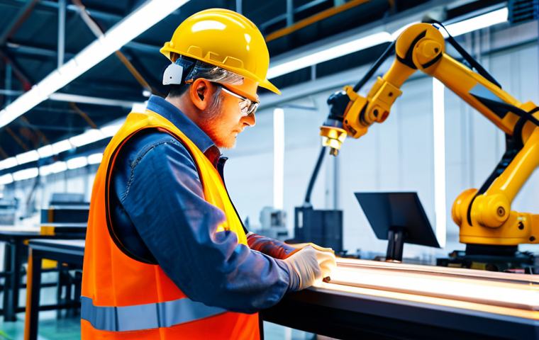 Industrial Engineer in a Modern Factory**

A fully clothed industrial engineer (male or female) wearing appropriate safety attire (hard hat, safety vest) examining a robotic arm in a brightly lit, modern factory setting. The background includes advanced machinery and a clean, organized workspace. Perfect anatomy, correct proportions, natural pose. Safe for work, appropriate content, professional. High quality rendering, detailed, realistic lighting.

**