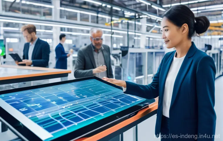 산업공학 글로벌 트렌드 - **Prompt:** "A vibrant, futuristic factory floor buzzing with digital transformation. Industrial eng...