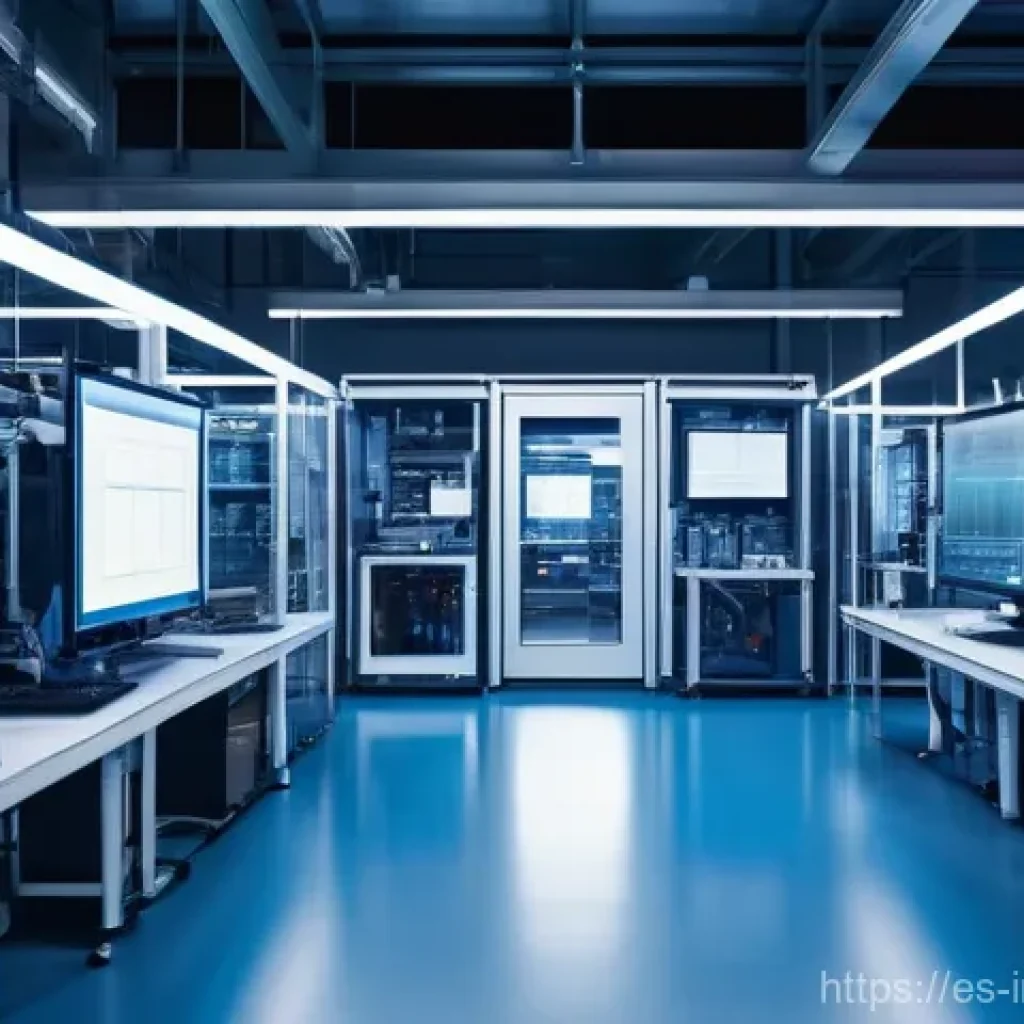 산업공학과 네트워크 최적화 - **Prompt:** A sleek, modern industrial factory floor, bustling with automated machinery and robotic ...