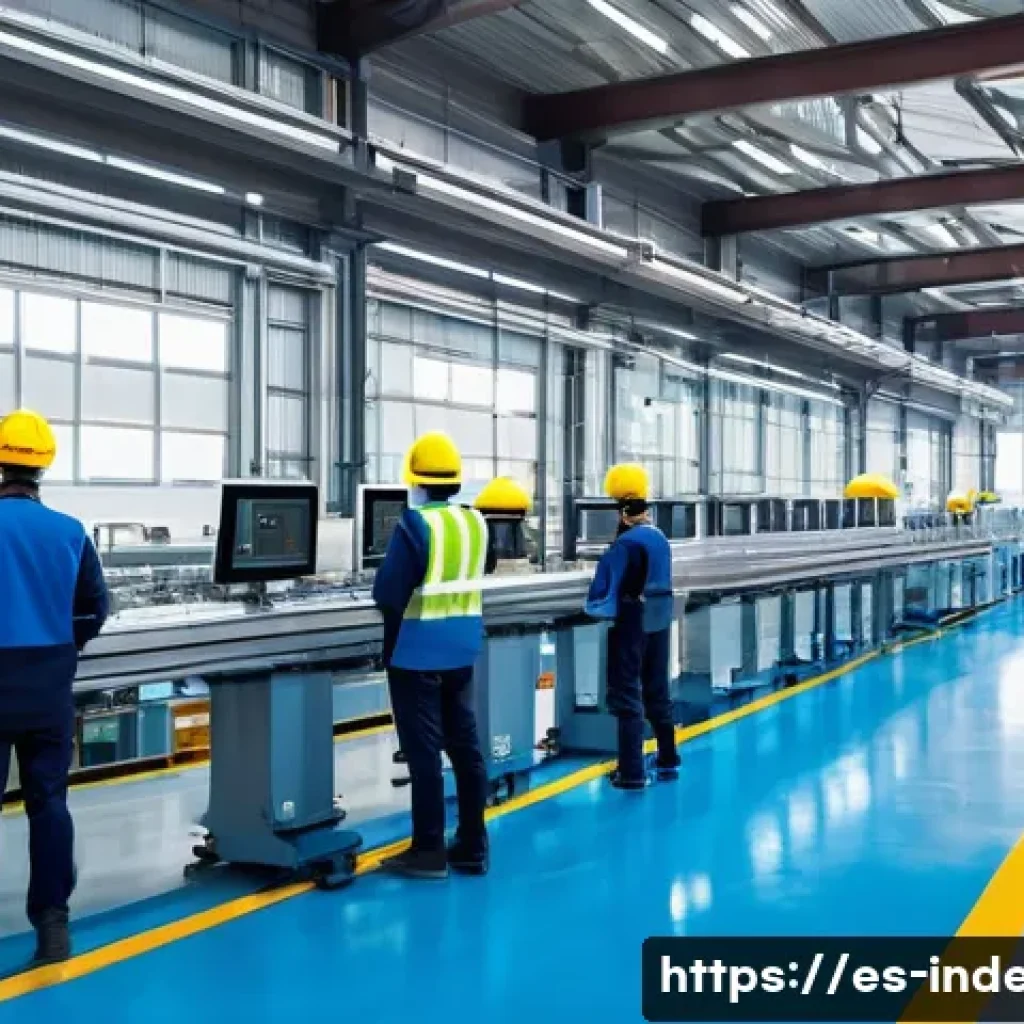산업공학에서의 오퍼레이션 리서치 - A modern industrial production line inside a spacious factory in Spain, showing a diverse team of wo...