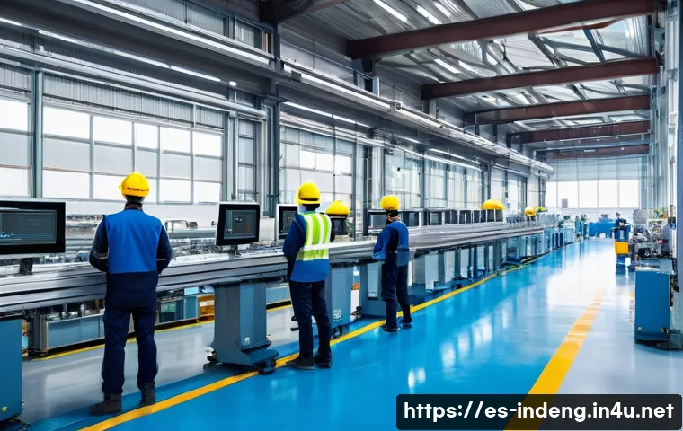 산업공학에서의 오퍼레이션 리서치 - A modern industrial production line inside a spacious factory in Spain, showing a diverse team of wo...