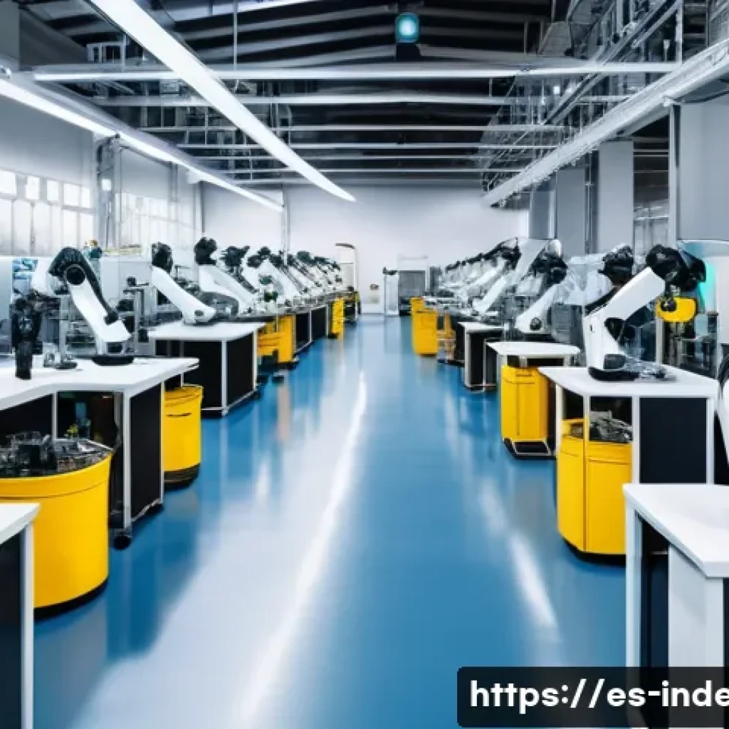 산업공학 공장 자동화 - A modern industrial factory floor showcasing collaborative robots (cobots) and human workers working...