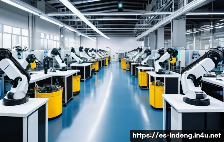 산업공학 공장 자동화 - A modern industrial factory floor showcasing collaborative robots (cobots) and human workers working...
