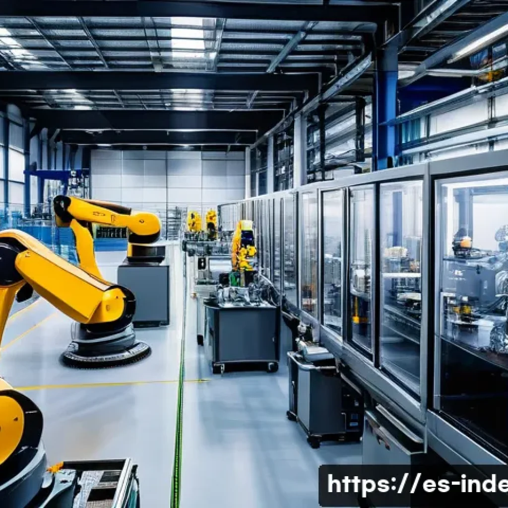 산업공학 연구동향 - A modern industrial factory floor in Spain featuring collaborative robots (cobots) working alongside...