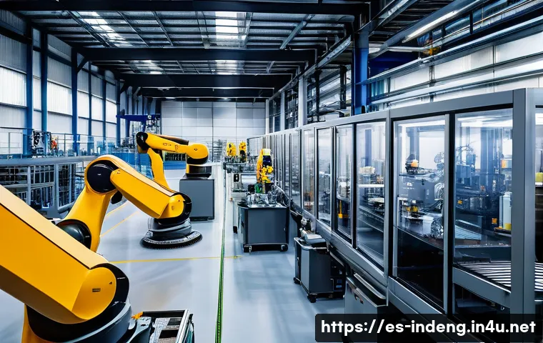 산업공학 연구동향 - A modern industrial factory floor in Spain featuring collaborative robots (cobots) working alongside...