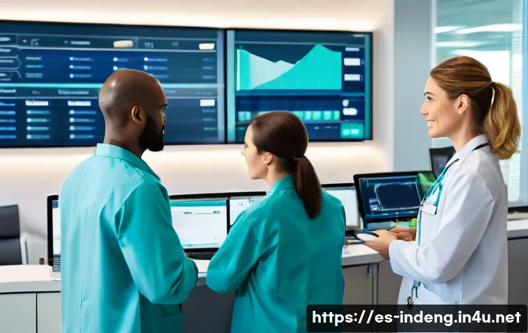 산업공학과 헬스케어 시스템 - A modern hospital control room with large digital screens displaying real-time key performance indic...