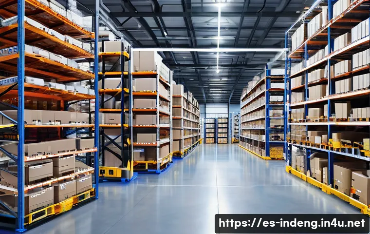 산업공학에서의 알고리즘 최적화 - A modern industrial warehouse scene showcasing advanced supply chain management technology: robotic ...