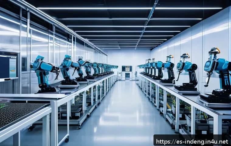산업공학 연구 트렌드 - A futuristic industrial factory floor featuring advanced robotic automation systems assembling compl...