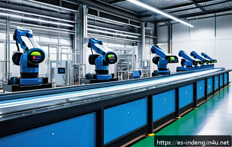 산업공학과 자동화 기법 - A modern industrial manufacturing plant showcasing a highly automated production line with interconn...