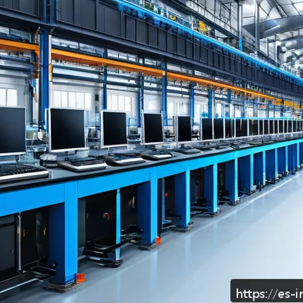 산업공학과 컴퓨터 비전 - A high-tech industrial factory scene showcasing an automated visual inspection