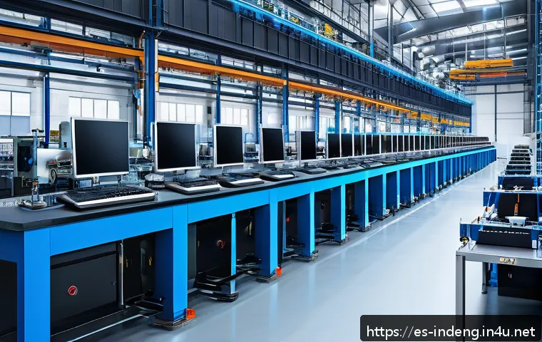 산업공학과 컴퓨터 비전 - A high-tech industrial factory scene showcasing an automated visual inspection