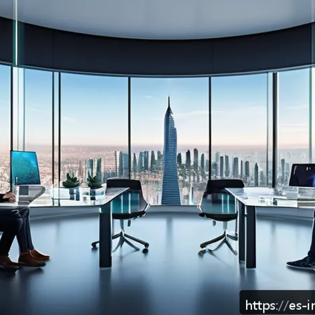 산업공학과 메타버스 - A futuristic virtual reality workspace showing diverse professionals collaborating remotely in an im...