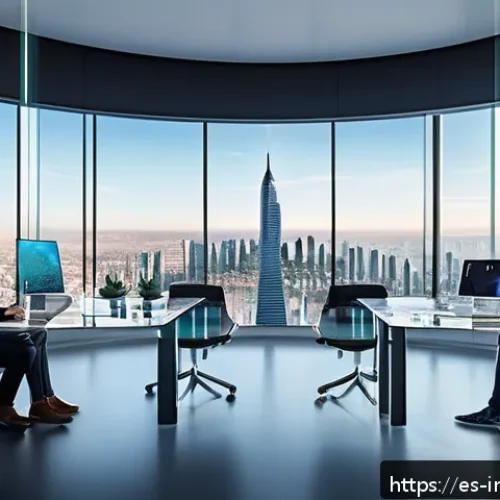 산업공학과 메타버스 - A futuristic virtual reality workspace showing diverse professionals collaborating remotely in an im...