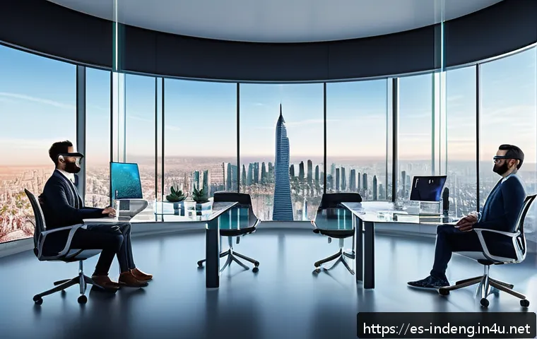 산업공학과 메타버스 - A futuristic virtual reality workspace showing diverse professionals collaborating remotely in an im...