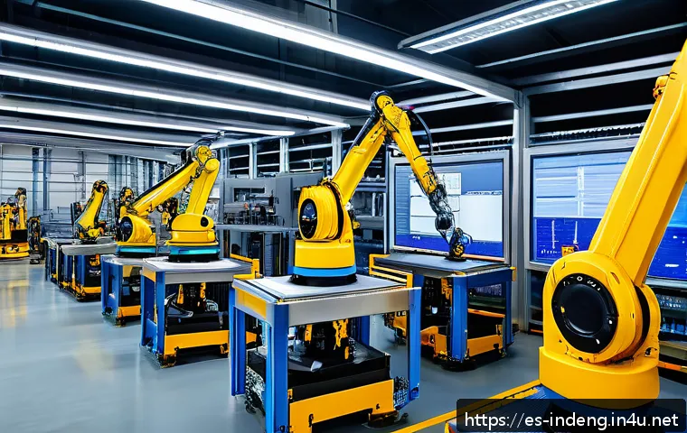 산업공학에서의 IoT 플랫폼 - A modern industrial factory interior with smart vibration sensors attached to heavy machinery, showi...
