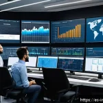 산업공학에서의 실험계획법 - A modern industrial engineering team in a spacious, well-lit factory control room, collaborating aro...